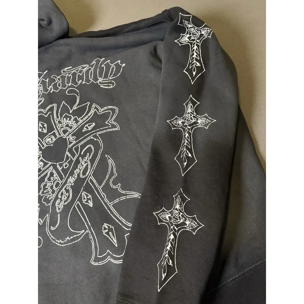 Ed Hardy XXL CROSS BOXY ZIP HOODIE, Color: Sunfaded Black, Style# EHM1303-17